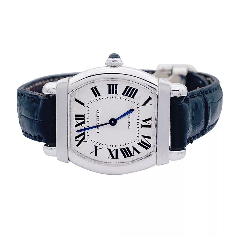 Montre Cartier, "Tortue Chinoise", platine, or blanc, cuir. - Castafiore