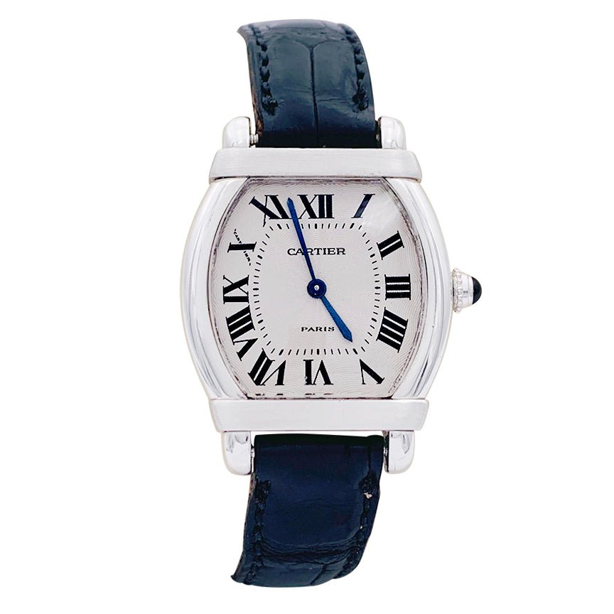 Montre Cartier, "Tortue Chinoise", platine, or blanc, cuir. - Castafiore