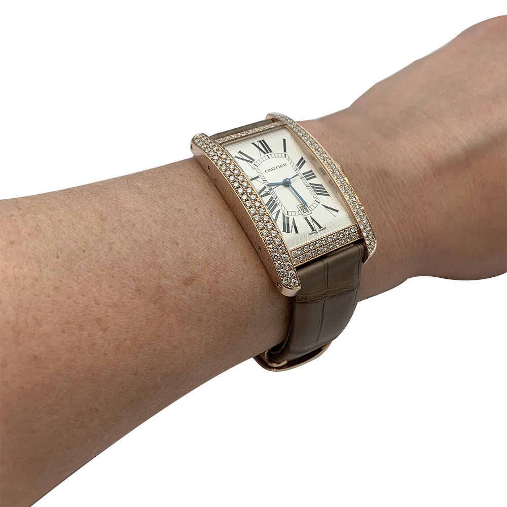 Montre Cartier,"Tank Américaine", or rose, diamants. - Castafiore