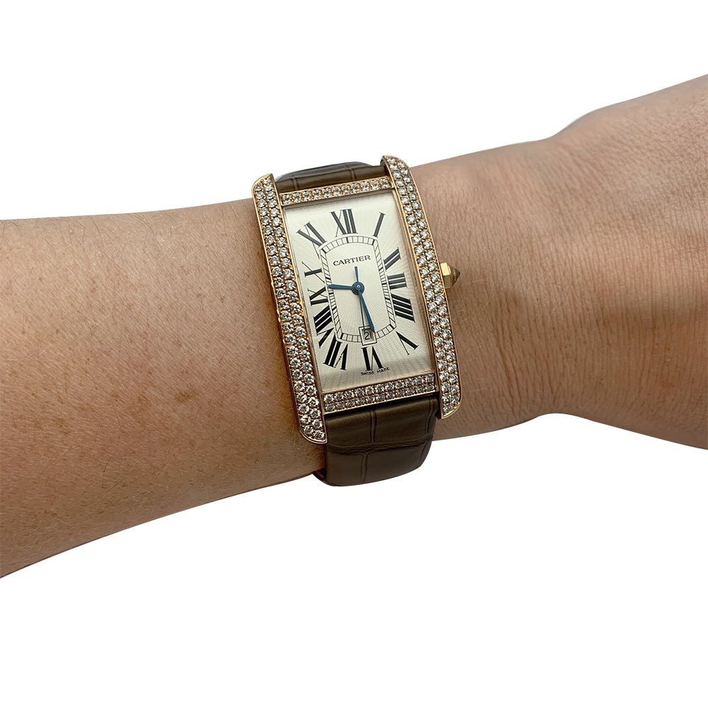 Montre Cartier,"Tank Américaine", or rose, diamants. - Castafiore