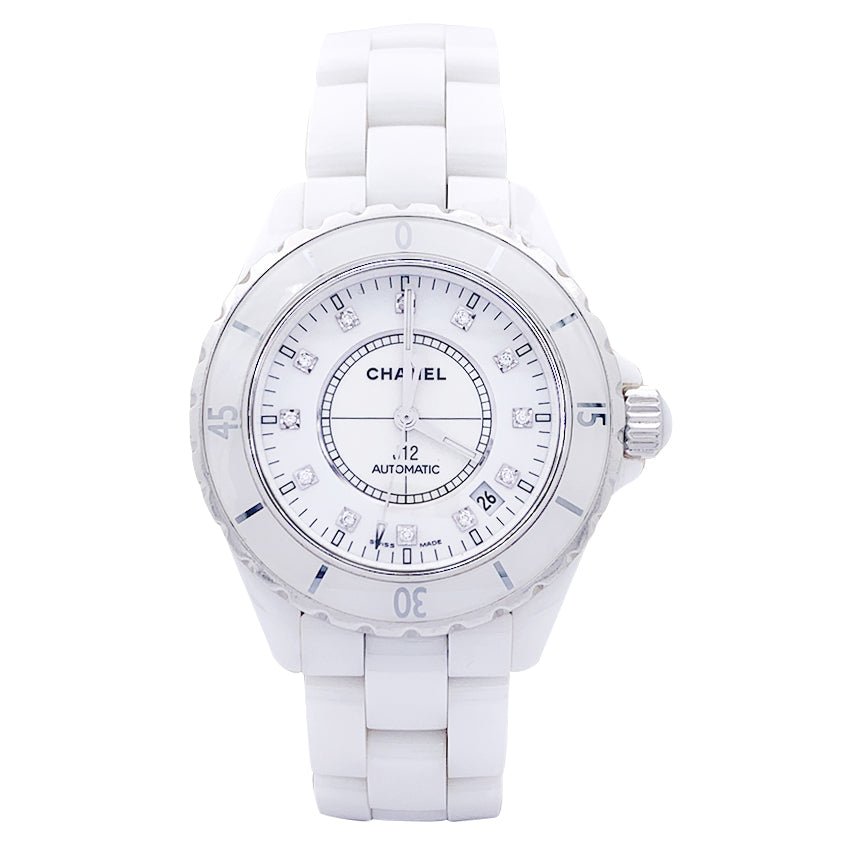 Montre CHANEL "J12" céramique blanche et diamants. - Castafiore