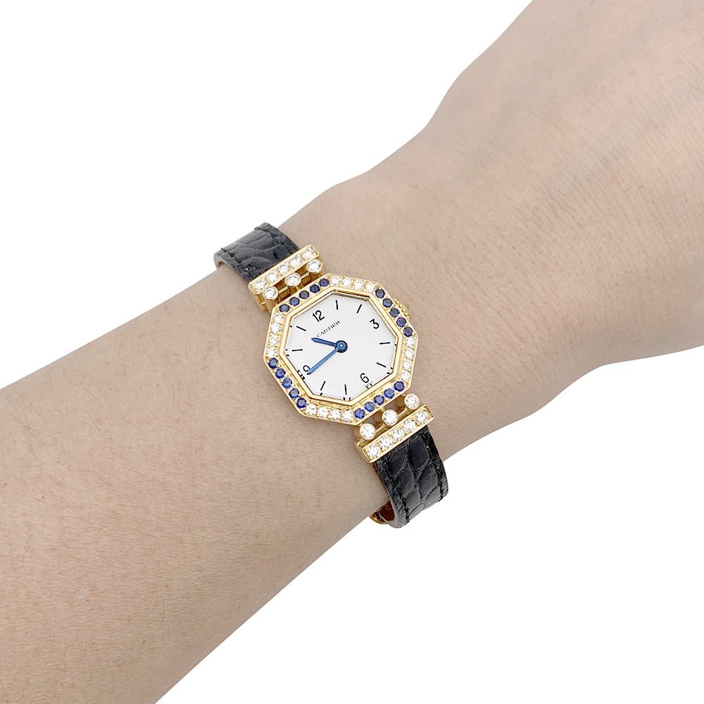 Montre Mécanique CARTIER "Andine" en or jaune, or rose, cuir saphirs et diamants - Castafiore