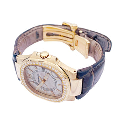 Montre Patek Philippe, "Nautilus", or rose, diamants, cuir. - Castafiore