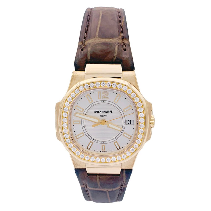 Montre Patek Philippe, "Nautilus", or rose, diamants, cuir. - Castafiore