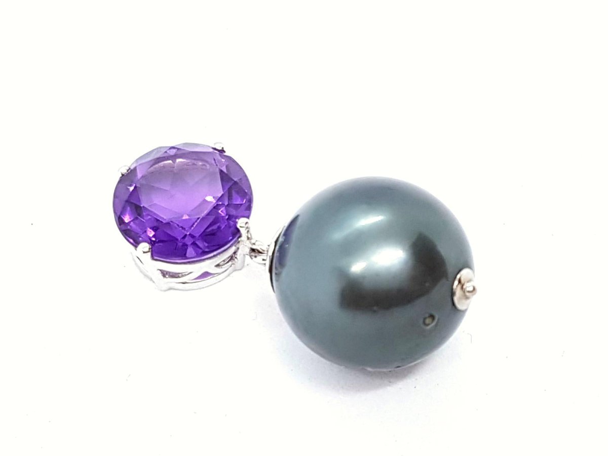 Pendentif en or blanc, améthyste et perle de Tahiti - Castafiore