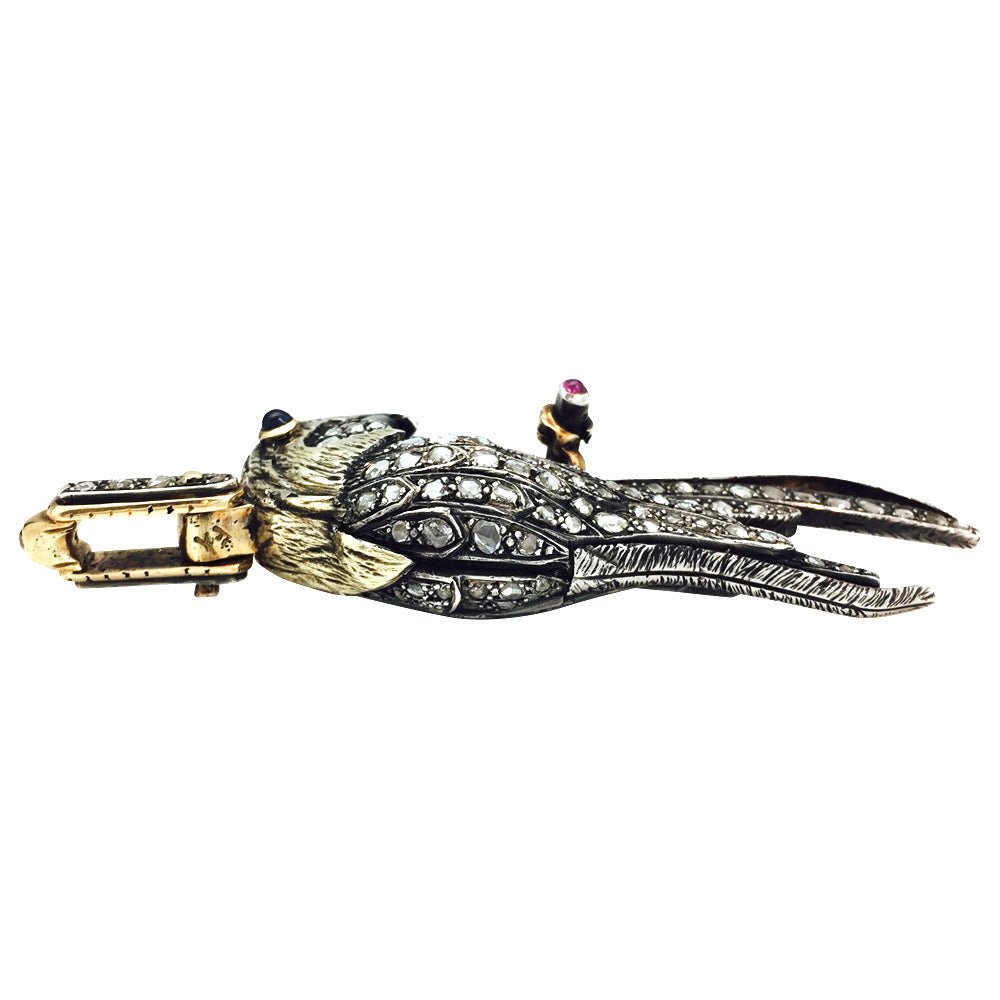 Pendentif "Perroquet" en or jaune et argent, rubis, saphirs et diamants - Castafiore